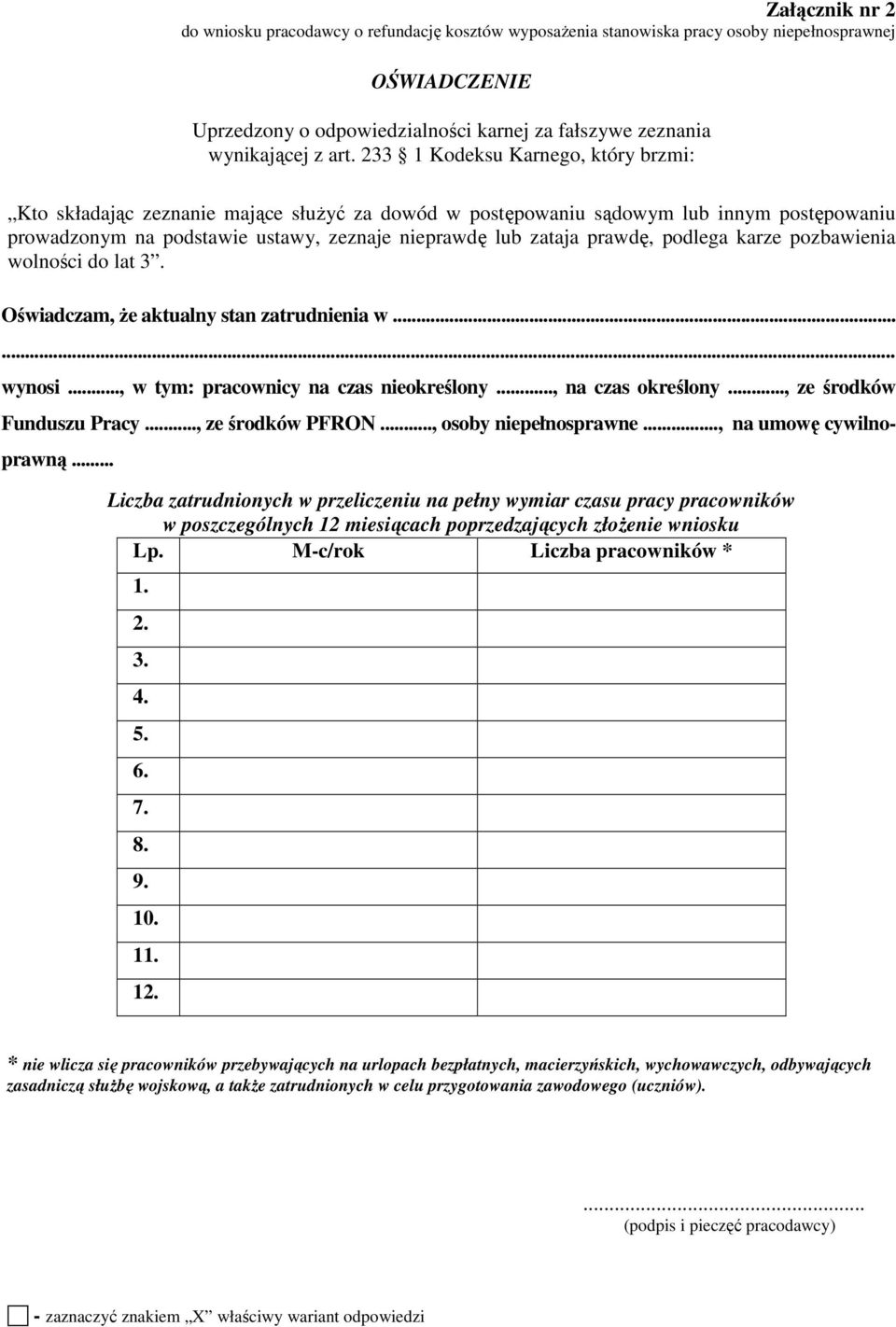 podlega karze pozbawienia wolności do lat 3. Oświadczam, że aktualny stan zatrudnienia w...... wynosi..., w tym: pracownicy na czas nieokreślony..., na czas określony..., ze środków Funduszu Pracy.