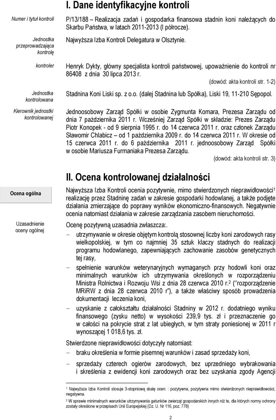 Henryk Dykty, główny specjalista kontroli państwowej, upoważnienie do kontroli nr 86408 z dnia 30 lipca 2013 r. (dowód: akta kontroli str. 1-2) Stadnina Koni Liski sp. z o.o. (dalej Stadnina lub Spółka), Liski 19, 11-210 Sępopol.