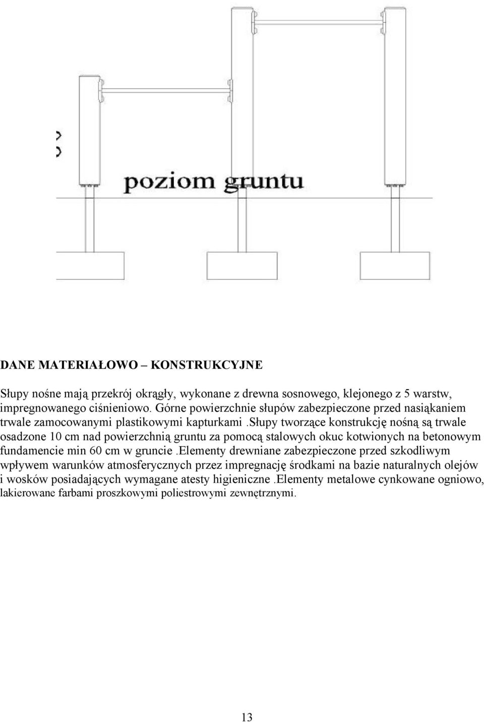 słupy tworzące konstrukcję nośną są trwale osadzone 0 cm nad powierzchnią gruntu za pomocą stalowych okuc kotwionych na betonowym fundamencie min 60 cm w gruncie.