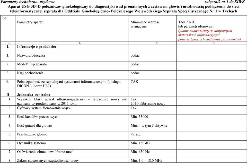 Parametry aparatu Minimalne wartości wymagane TAK / NIE lub parametr oferowany (podać numer strony w załączonych materiałach informacyjnych potwierdzających spełnienie parametrów) 1. 2. 3. 4. I.