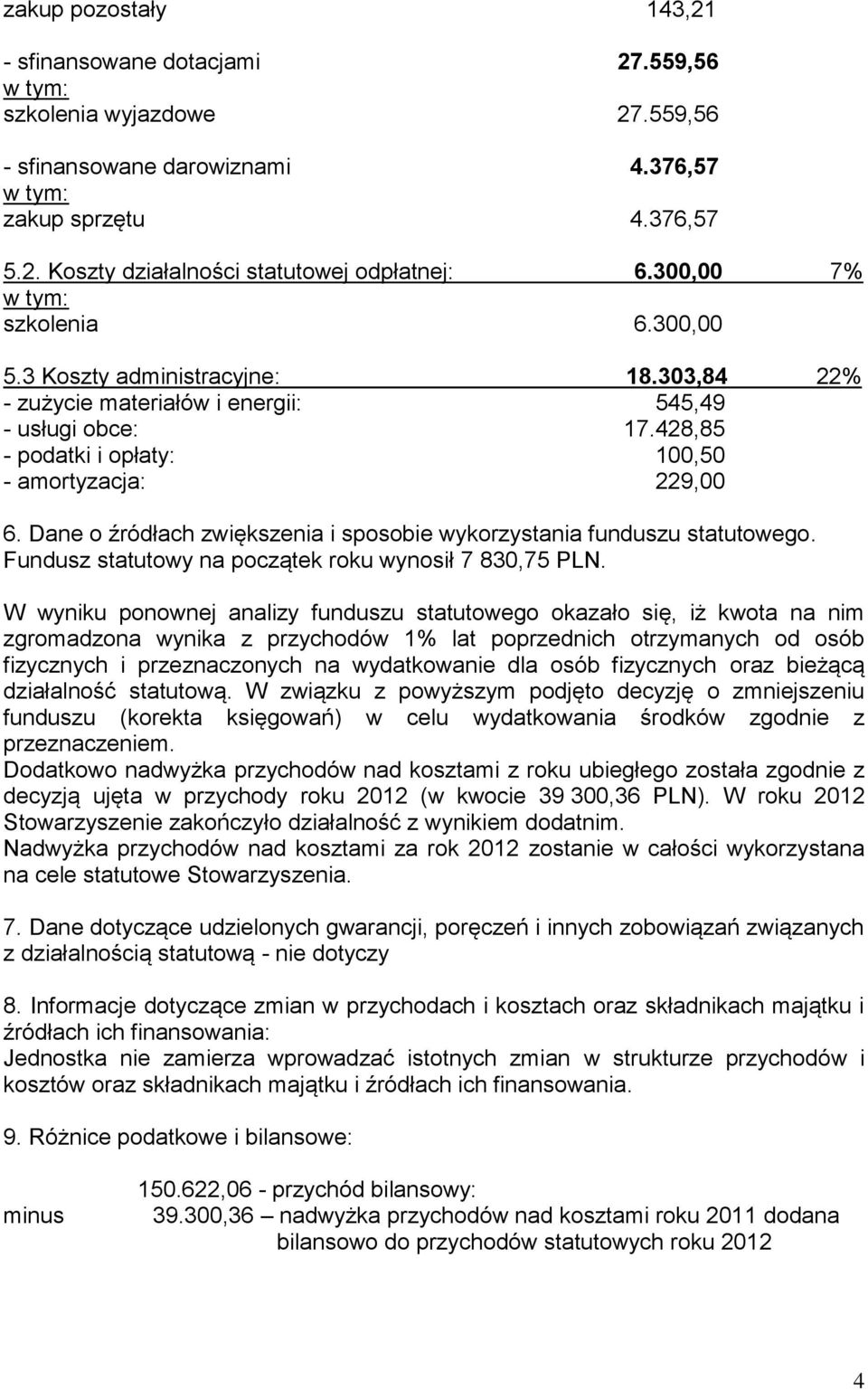 Dane o źródłach zwiększenia i sposobie wykorzystania funduszu statutowego. Fundusz statutowy na początek roku wynosił 7 830,75 PLN.