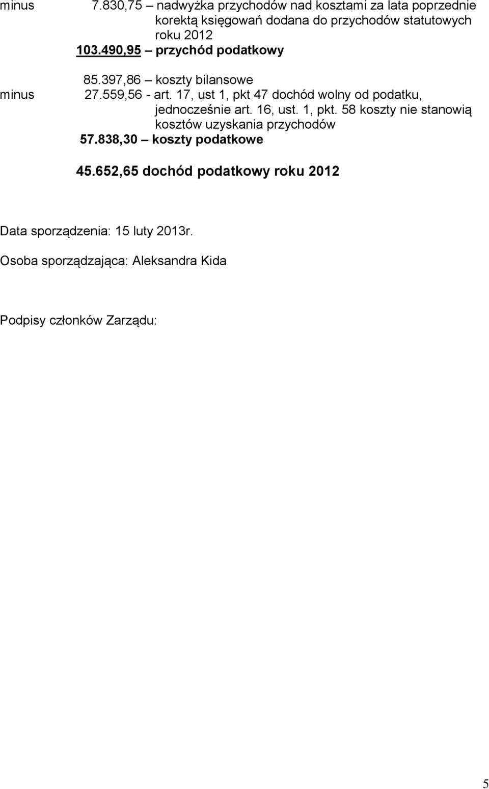 490,95 przychód podatkowy 85.397,86 koszty bilansowe 27.559,56 - art.