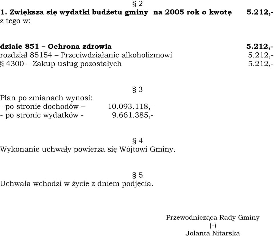 212,- 3 Plan po zmianach wynosi: - po stronie dochodów 10.093.118,- - po stronie wydatków - 9.661.