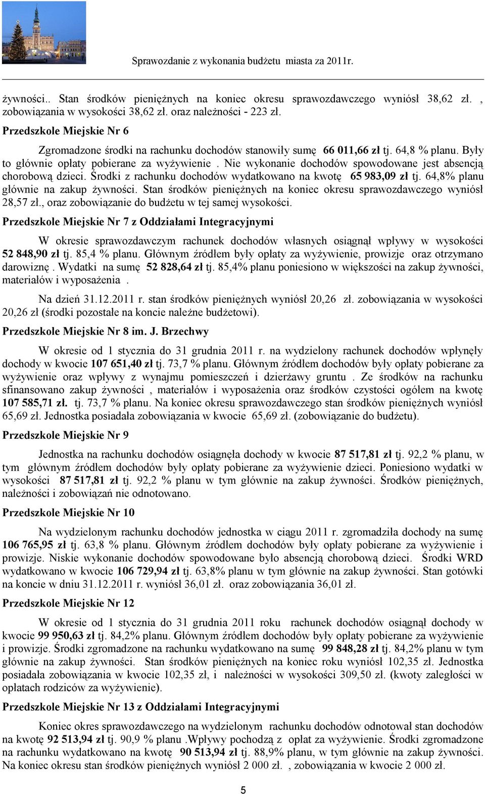Nie wykonanie dochodów spowodowane jest absencją chorobową dzieci. Środki z rachunku dochodów wydatkowano na kwotę 65 983,09 zł tj. 64,8% planu głównie na zakup żywności.