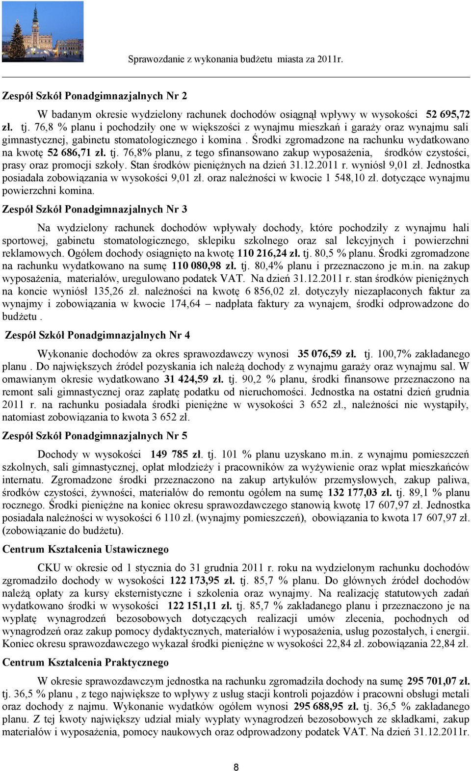 Środki zgromadzone na rachunku wydatkowano na kwotę 52 686,71 zł. tj. 76,8% planu, z tego sfinansowano zakup wyposażenia, środków czystości, prasy oraz promocji szkoły.