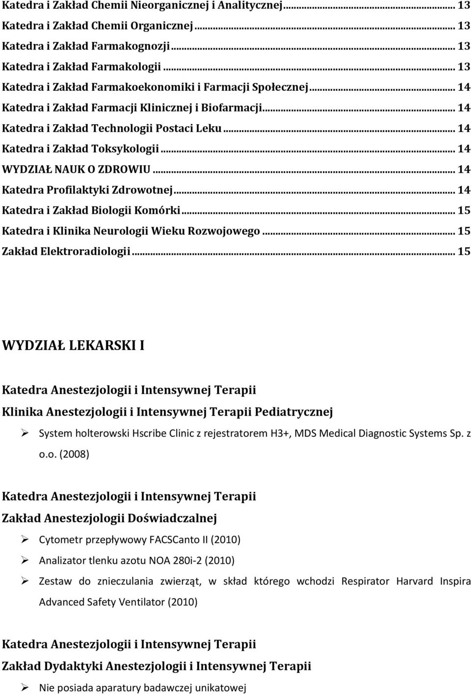 .. 14 Katedra i Zakład Toksykologii... 14 WYDZIAŁ NAUK O ZDROWIU... 14 Katedra Profilaktyki Zdrowotnej... 14 Katedra i Zakład Biologii Komórki... 15 Katedra i Klinika Neurologii Wieku Rozwojowego.
