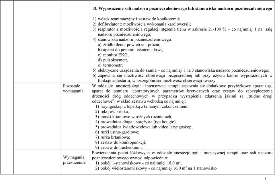 powietrza i próżni, b) aparat do pomiaru ciśnienia krwi, c) monitor EKG, d) pulsoksymetr, e) termometr; 5) elektryczne urządzenia do ssania co najmniej 1 na 3 stanowiska nadzoru poznieczuleniowego;