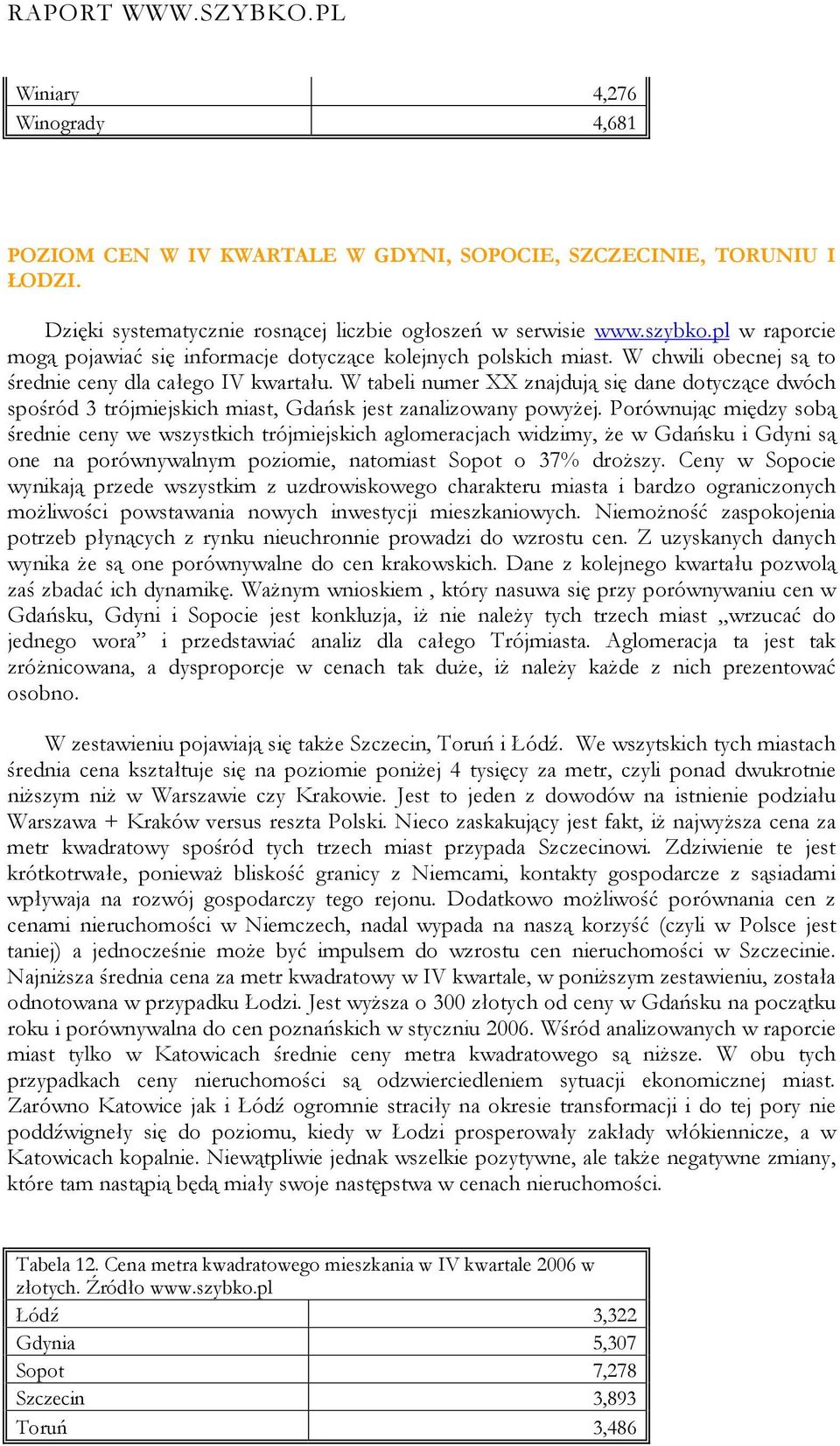 W tabeli numer XX znajdują się dane dotyczące dwóch spośród 3 trójmiejskich miast, Gdańsk jest zanalizowany powyżej.