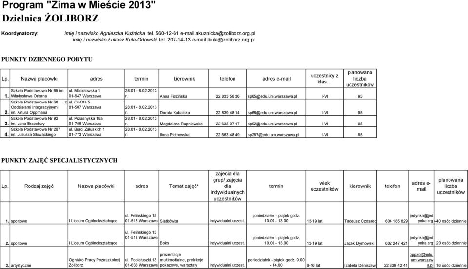 pl I-VI 95 ul. Or-Ota 5 01-507 Warszawa r. Dorota Kubalska 22 839 48 14 sp68@edu.um.warszawa.pl I-VI 95 ul. Przasnyska 18a 01-756 Warszawa ul. Braci Załuskich 1 01-773 Warszawa r.