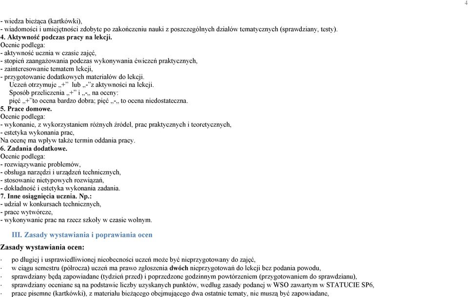 Uczeń otrzymuje + lub - z aktywności na lekcji. Sposób przeliczenia + i - na oceny: pięć + to ocena bardzo dobra; pięć - to ocena niedostateczna. 5. Prace domowe.