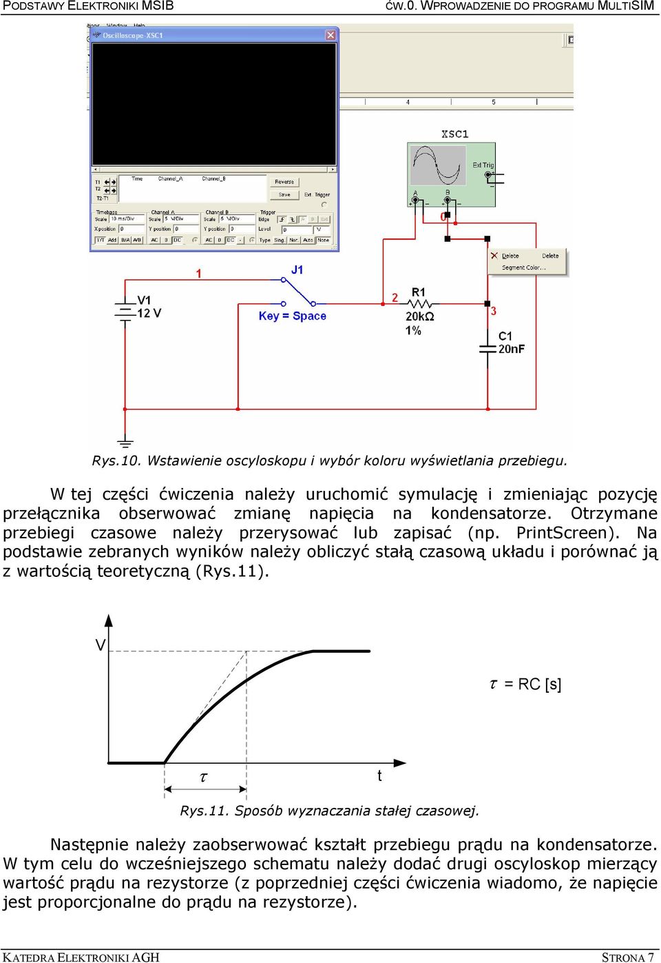 Otrzymane przebiegi czasowe naleŝy przerysować lub zapisać (np. PrintScreen). Na podstawie zebranych wyników naleŝy obliczyć stałą czasową układu i porównać ją z wartością teoretyczną (Rys.