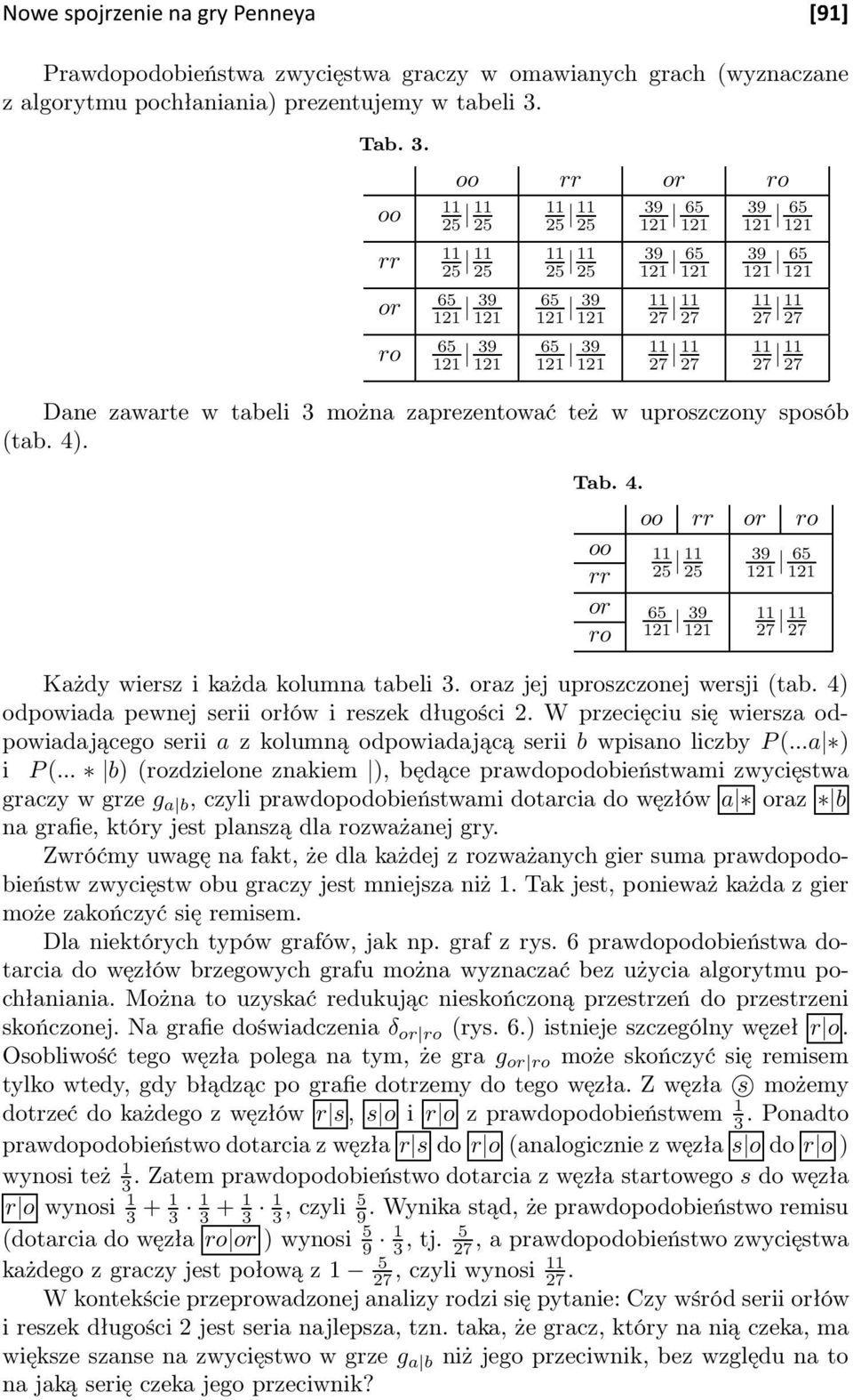 . Tab. 4. oo rr or ro oo 5 5 rr or 65 39 ro 39 65 7 7 Każdy wiersz i każda kolumna tabeli 3. oraz jej uproszczonej wersji (tab. 4) odpowiada pewnej serii orłów i reszek długości.