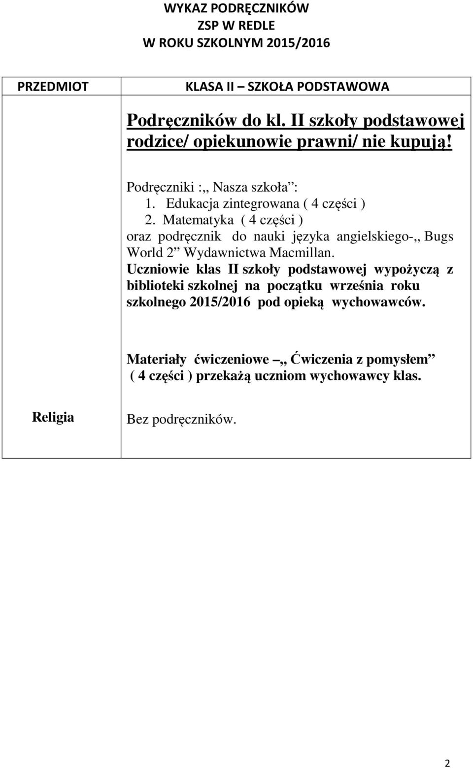 Matematyka ( 4 części ) oraz podręcznik do nauki języka angielskiego-,, Bugs World 2 Wydawnictwa Macmillan.