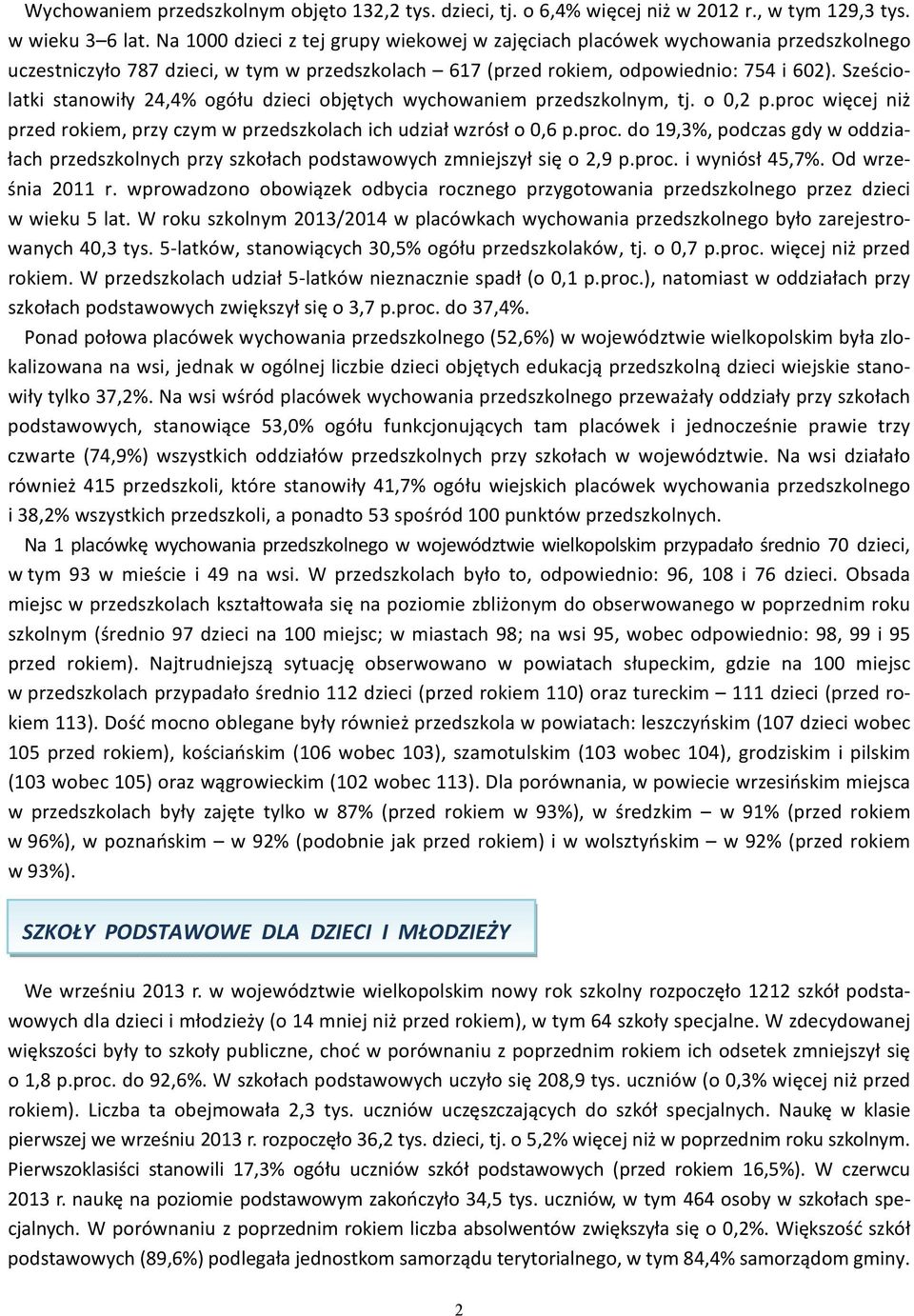 Sześciolatki stanowiły 24,4% ogółu dzieci objętych wychowaniem przedszkolnym, tj. o 0,2 p.proc więcej niż przed rokiem, przy czym w przedszkolach ich udział wzrósł o 0,6 p.proc. do 19,3%, podczas gdy w oddziałach przedszkolnych przy szkołach podstawowych zmniejszył się o 2,9 p.