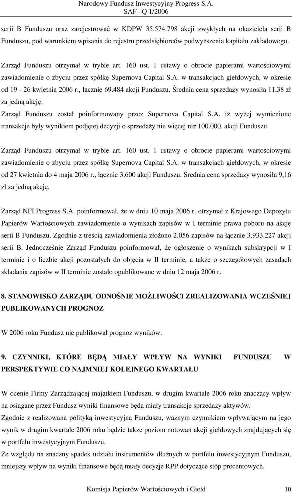 w transakcjach giełdowych, w okresie od 19-26 kwietnia 2006 r., łącznie 69.484 akcji Funduszu. Średnia cena sprzedaży wynosiła 11,38 zł za jedną akcję.