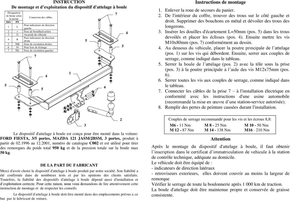 boule est conçu pour être monté dans la voiture: FORD FIESTA, 3/ portes, MAZDA 121 JASM/JBSM, 3 portes, produit à partir de 02.1996 au 12.