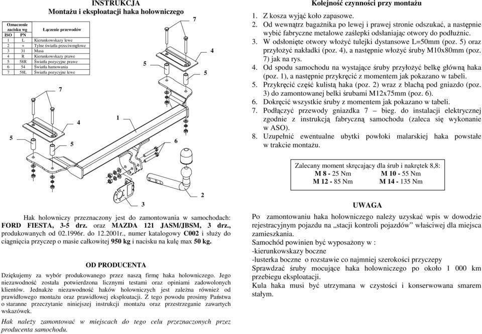 Od wewnątrz bagaŝnika po lewej i prawej stronie odszukać, a następnie wybić fabryczne metalowe zaślepki odsłaniając otwory do podłuŝnic. 3. W odsłonięte otwory włoŝyć tulejki dystansowe L=0mm (poz.