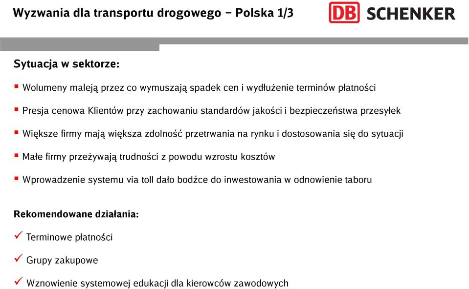 przetrwania na rynku i dostosowania się do sytuacji Małe firmy przeżywają trudności z powodu wzrostu kosztów Wprowadzenie systemu via toll