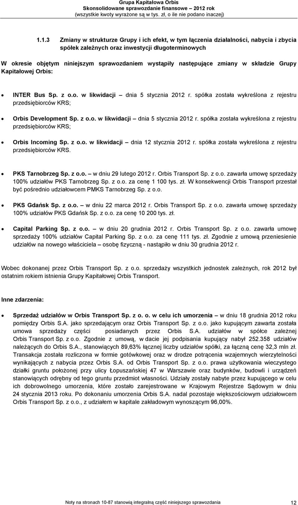 z o.o. w likwidacji dnia 12 stycznia 2012 r. spółka została wykreślona z rejestru przedsiębiorców KRS. PKS Tarnobrzeg Sp. z o.o. w dniu 29 lutego 2012 r. Orbis Transport Sp. z o.o. zawarła umowę sprzedaży 100% udziałów PKS Tarnobrzeg Sp.
