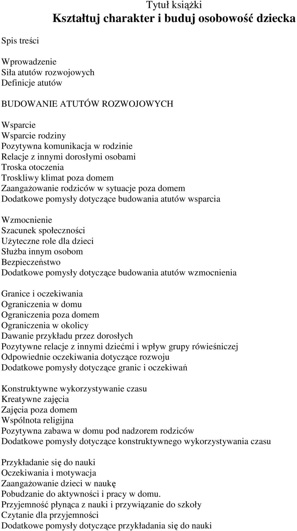 wsparcia Wzmocnienie Szacunek społeczności UŜyteczne role dla dzieci SłuŜba innym osobom Bezpieczeństwo Dodatkowe pomysły dotyczące budowania atutów wzmocnienia Granice i oczekiwania Ograniczenia w