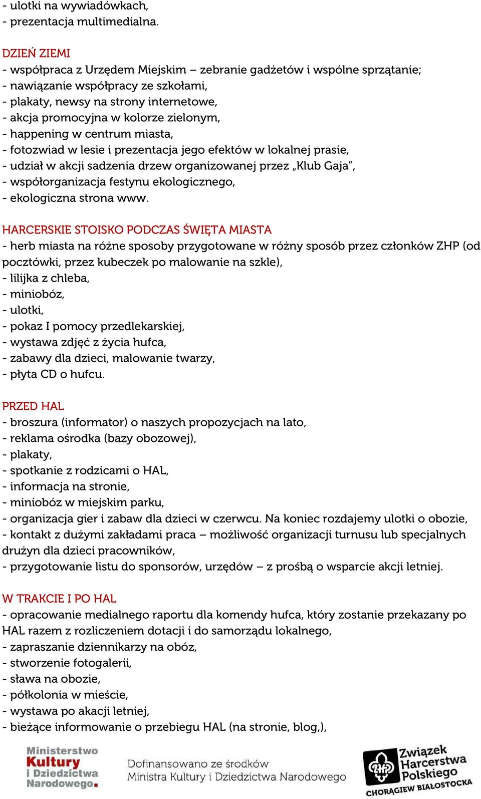 - happening w centrum miasta, - fotozwiad w lesie i prezentacja jego efektów w lokalnej prasie, - udział w akcji sadzenia drzew organizowanej przez Klub Gaja, - współorganizacja festynu