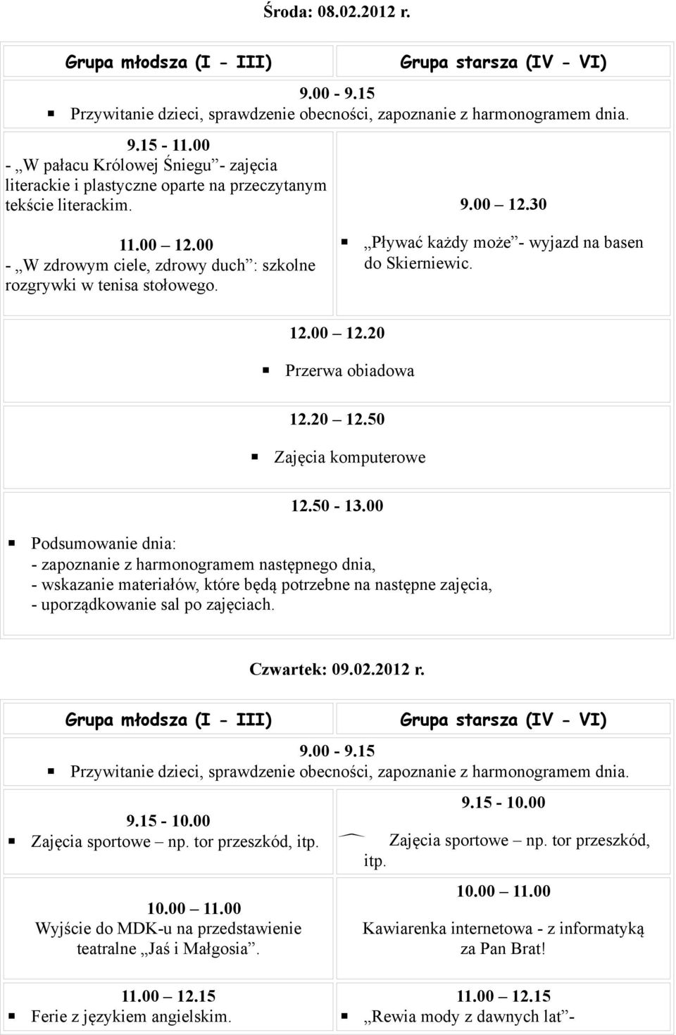 50 Zajęcia komputerowe 12.50-13.00 Podsumowanie dnia: Czwartek: 09.02.2012 r. Zajęcia sportowe np. tor przeszkód, itp. 10.00 11.