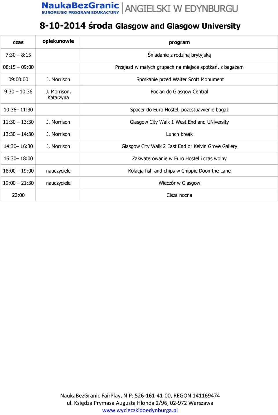 Morrison, Katarzyna Pociąg do Glasgow Central 10:36 11:30 Spacer do Euro Hostel, pozostuawienie bagaż 11:30 13:30 J.