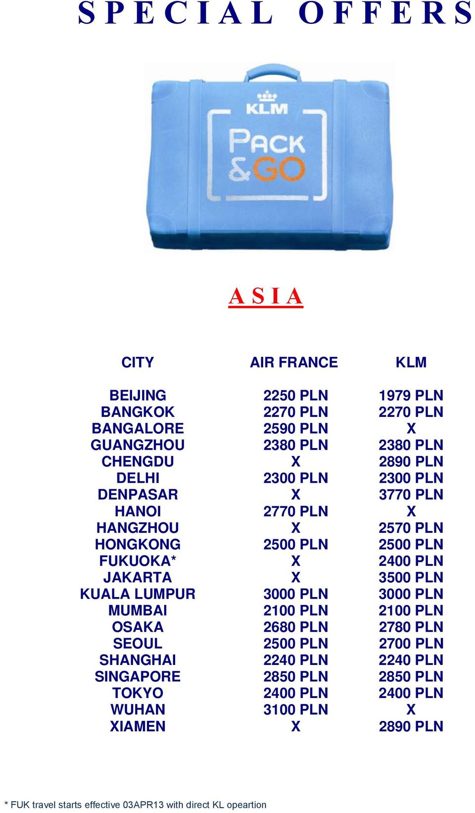 KUALA LUMPUR 3000 PLN 3000 PLN MUMBAI 2100 PLN 2100 PLN OSAKA 2680 PLN 2780 PLN SEOUL 2500 PLN 2700 PLN SHANGHAI 2240 PLN 2240 PLN