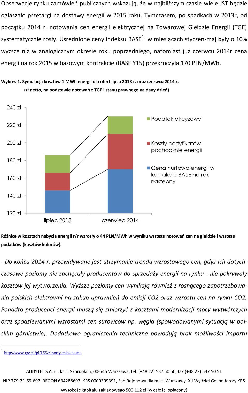 Uśrednione ceny indeksu BASE 1 w miesiącach styczeń-maj były o 10% wyższe niż w analogicznym okresie roku poprzedniego, natomiast już czerwcu 2014r cena energii na rok 2015 w bazowym kontrakcie (BASE