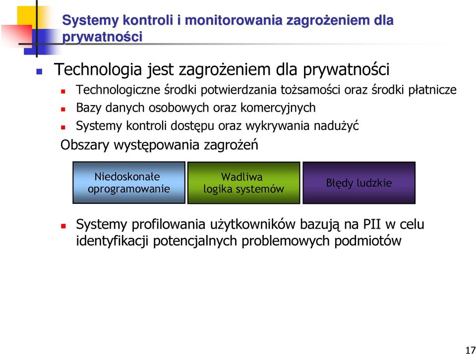 kontroli dostępu oraz wykrywania naduŝyć Obszary występowania zagroŝeń Niedoskonałe oprogramowanie Wadliwa logika
