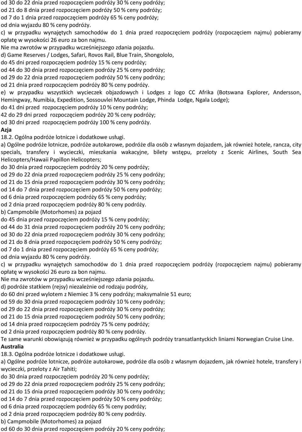 c) w przypadku wynajętych samochodów do 1 dnia przed rozpoczęciem podróży (rozpoczęciem najmu) pobieramy d) Game Reserves / Lodges, Safari, Rovos Rail, Blue Train, Shongololo, do 45 dni przed