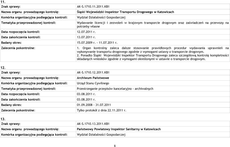 Organ kontrolny zaleca dalsze stosowanie prawidłowych procedur wydawania uprawnień na wykonywanie transportu drogowego zgodnie z wymogami ustawy o transporcie drogowym. 2.