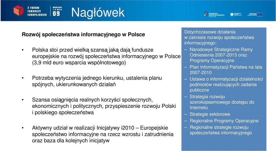 rozwoju Polski i polskiego społeczeństwa Aktywny udział w realizacji Inicjatywy i2010 Europejskie społeczeństwo informacyjne na rzecz wzrostu i zatrudnienia oraz baza dla kolejnych inicjatyw