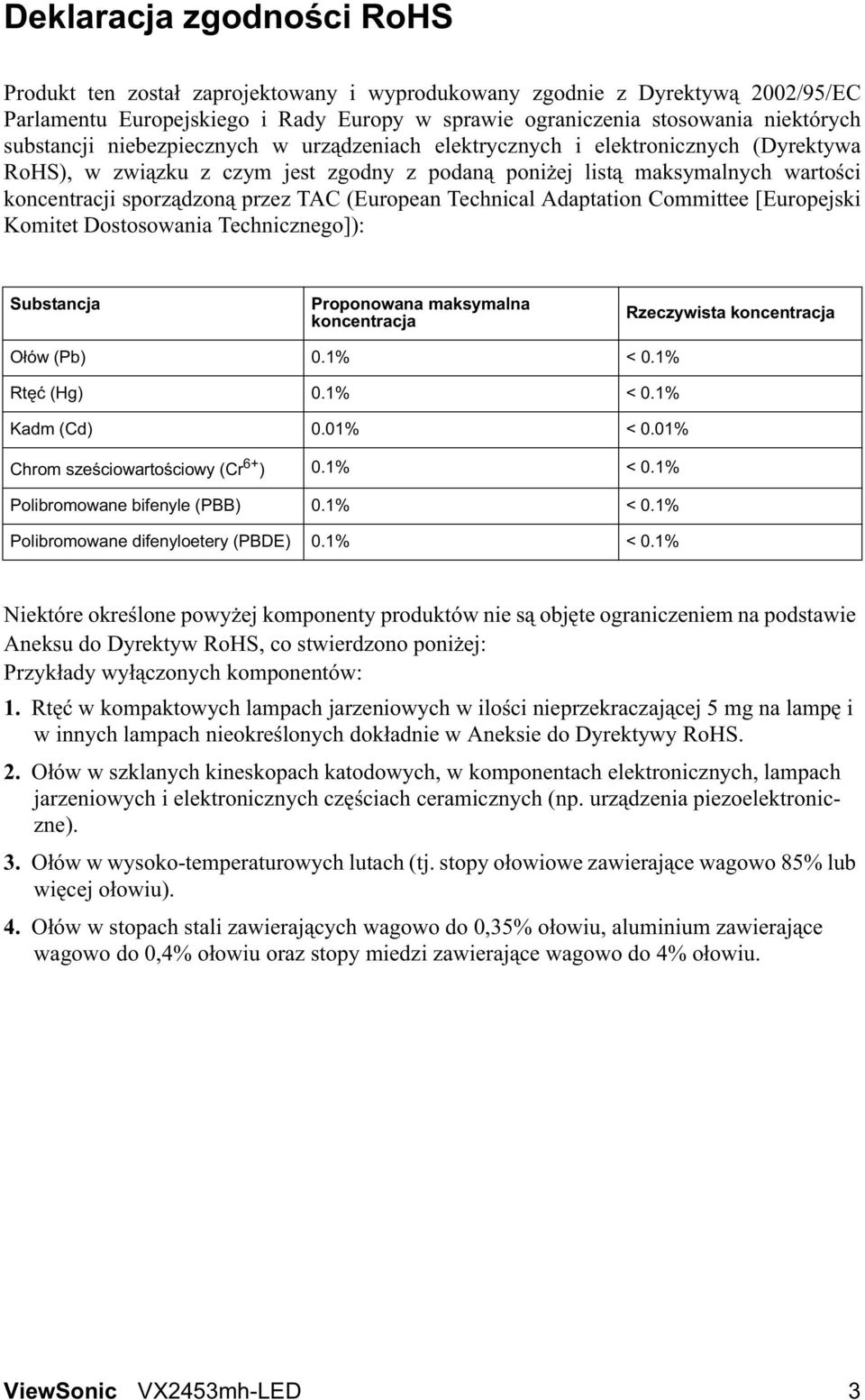 Technical Adaptation Committee [Europejski Komitet Dostosowania Technicznego]): Substancja Proponowana maksymalna koncentracja Rzeczywista koncentracja O ów (Pb) 0.1% < 0.1% Rt (Hg) 0.1% < 0.1% Kadm (Cd) 0.