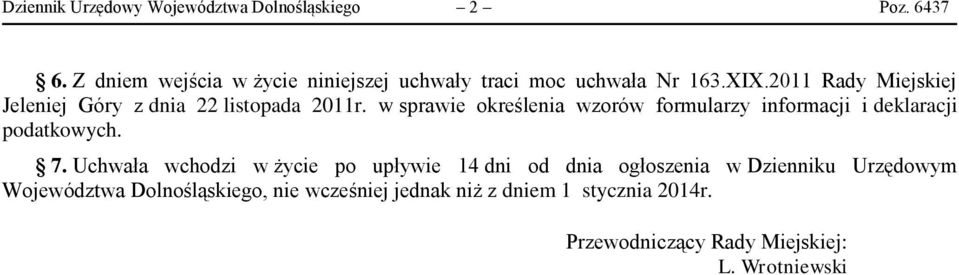 2011 Rady Miejskiej Jeleniej Góry z dnia 22 listopada 2011r.