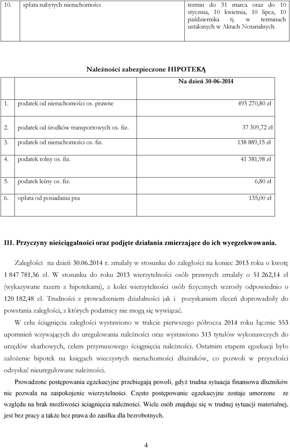 podatek rolny os. fiz. 41 381,98 zł 5. podatek leśny os. fiz. 6,80 zł 6. opłata od posiadania psa 135,00 zł III. Przyczyny nieściągalności oraz podjęte działania zmierzające do ich wyegzekwowania.