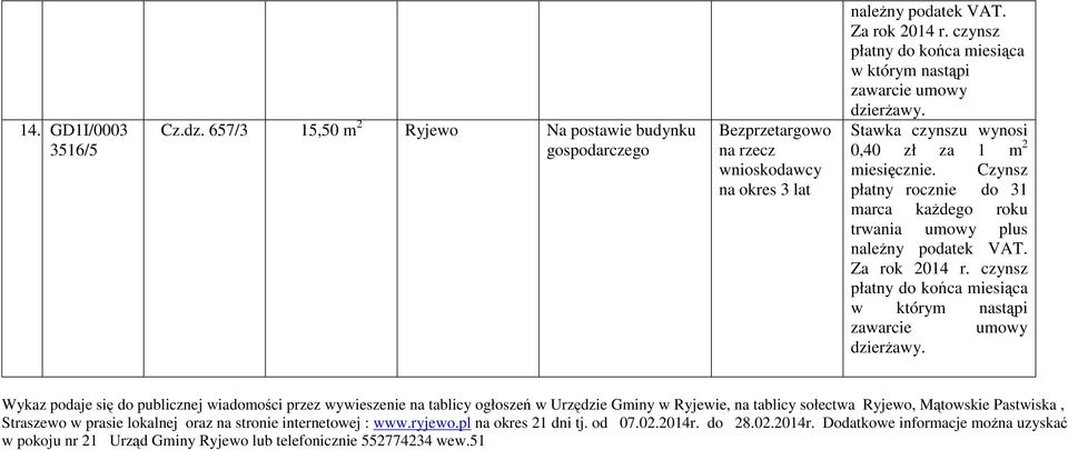 wiadomości przez wywieszenie na tablicy ogłoszeń w Urzędzie Gminy w Ryjewie, na tablicy sołectwa Ryjewo, Mątowskie Pastwiska,