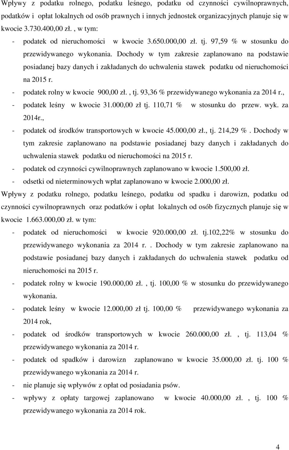 Dochody w tym zakresie zaplanowano na podstawie posiadanej bazy danych i zakładanych do uchwalenia stawek podatku od nieruchomości na 2015 r. - podatek rolny w kwocie 900,00 zł., tj.