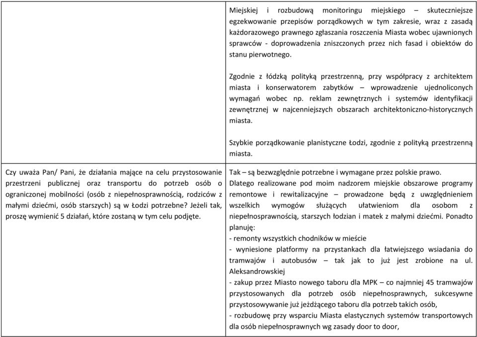 Zgodnie z łódzką polityką przestrzenną, przy współpracy z architektem miasta i konserwatorem zabytków wprowadzenie ujednoliconych wymagań wobec np.