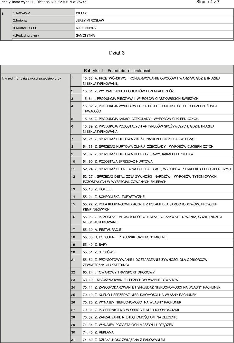 2 15, 61, Z, WYTWARZANIE PRODUKTÓW PRZEMIAŁU ZBÓŻ 3 15, 81,, PRODUKCJA PIECZYWA I WYROBÓW CIASTKARSKICH ŚWIEŻYCH 4 15, 82, Z, PRODUKCJA WYROBÓW PIEKARSKICH I CIASTKARSKICH O PRZEDŁUŻONEJ TRWAŁOŚCI 5