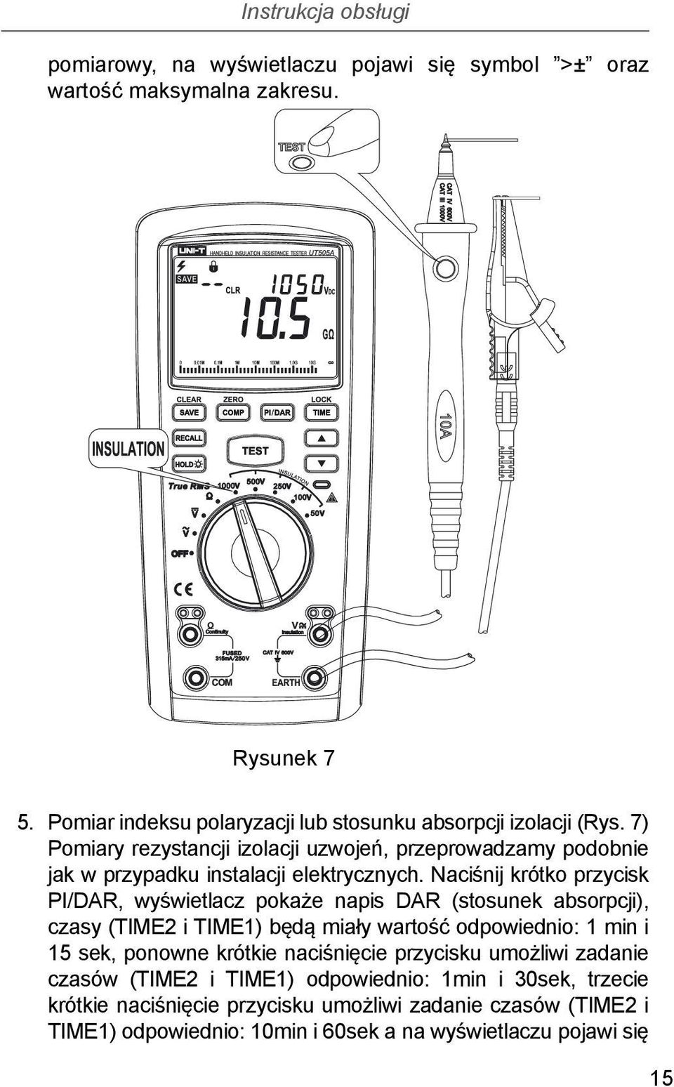 Naciśnij krótko przycisk PI/DAR, wyświetlacz pokaże napis DAR (stosunek absorpcji), czasy (TIME2 i TIME1) będą miały wartość odpowiednio: 1 min i 15 sek, ponowne