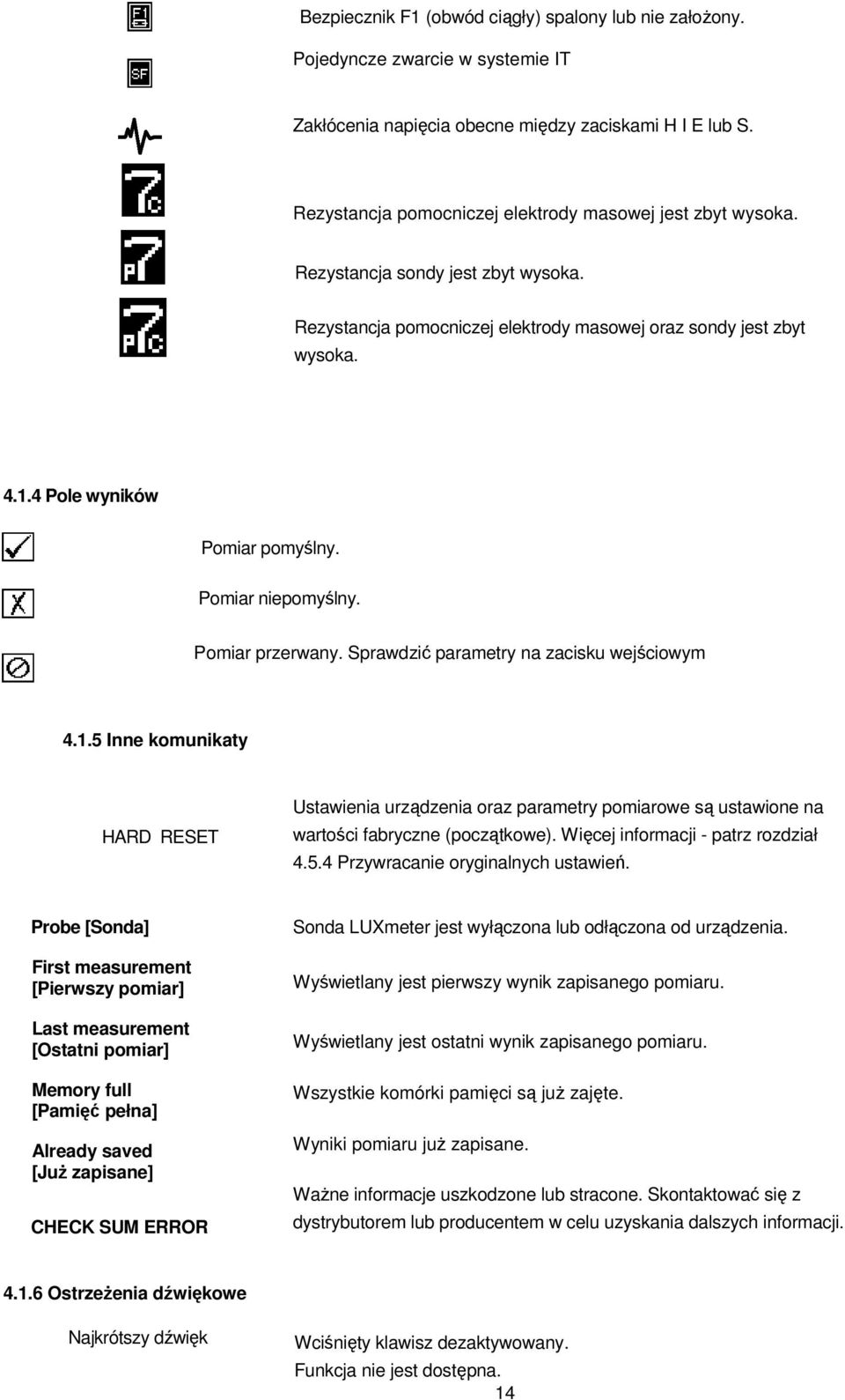 4 Pole wyników Pomiar pomyślny. Pomiar niepomyślny. Pomiar przerwany. Sprawdzić parametry na zacisku wejściowym 4.1.