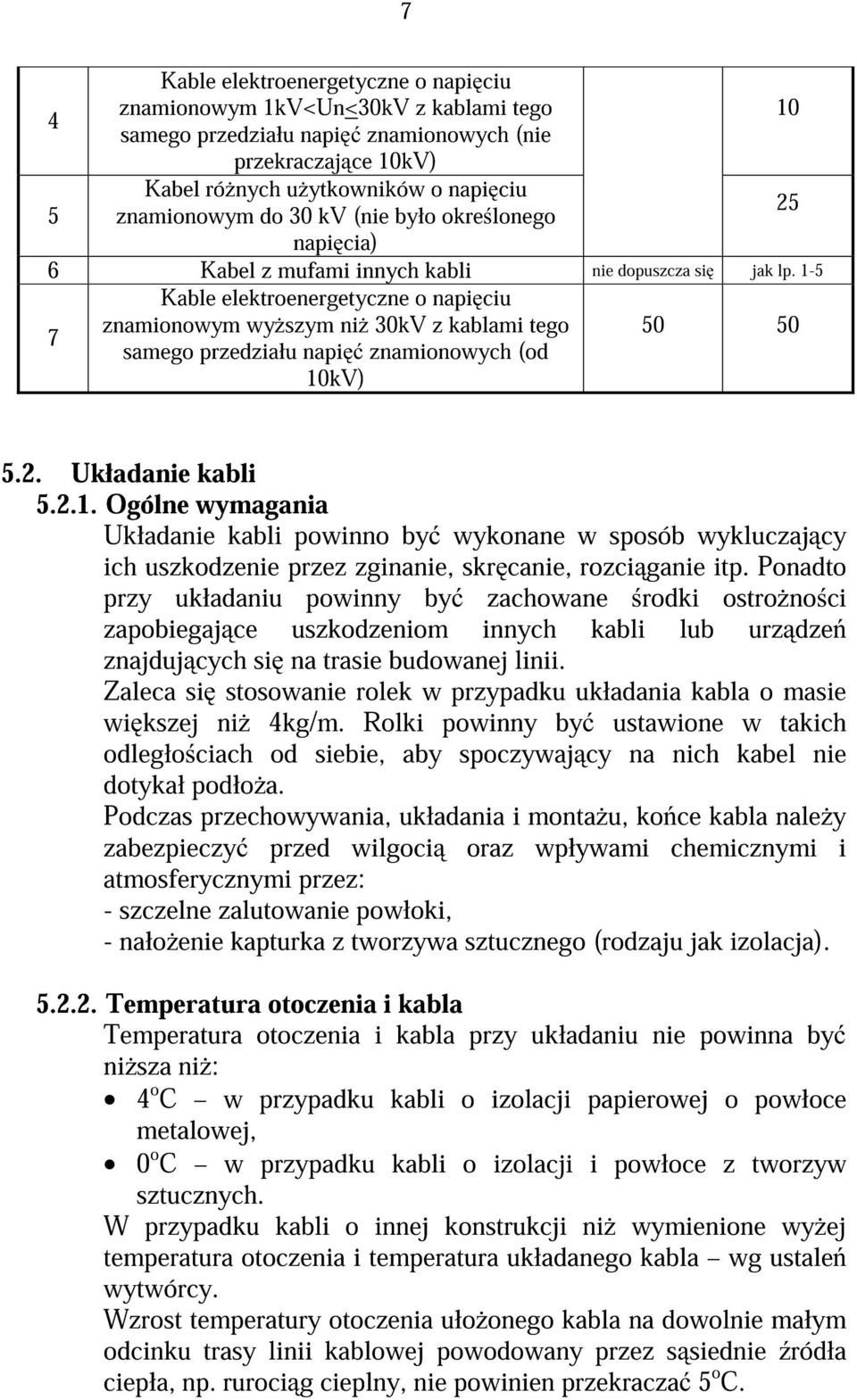 1-5 Kable elektroenergetyczne o napi ciu 7 znamionowym wy szym ni 30kV z kablami tego 50 50 samego przedziału napi znamionowych (od 10kV) 5.2. Układanie kabli 5.2.1. Ogólne wymagania Układanie kabli powinno by wykonane w sposób wykluczaj cy ich uszkodzenie przez zginanie, skr canie, rozci ganie itp.