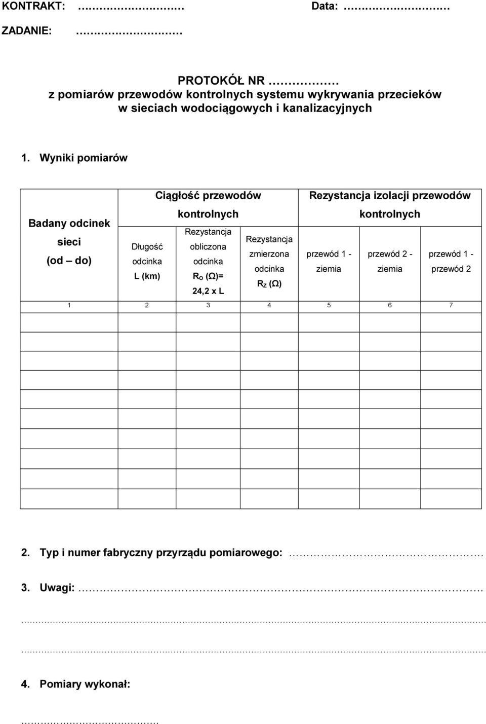 Wyniki pomiarów Ciągłość przewodów Rezystancja izolacji przewodów kontrolnych kontrolnych Badany odcinek Rezystancja sieci