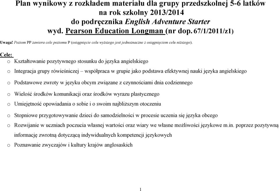 Cele: o Kształtowanie pozytywnego stosunku do języka angielskiego o Integracja grupy rówieśniczej współpraca w grupie jako podstawa efektywnej nauki języka angielskiego o Podstawowe zwroty w języku