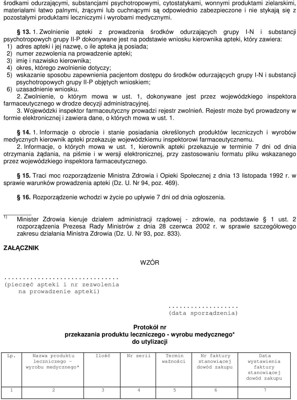 . 1. Zwolnienie apteki z prowadzenia środków odurzających grupy I-N i substancji psychotropowych grupy II-P dokonywane jest na podstawie wniosku kierownika apteki, który zawiera: 1) adres apteki i