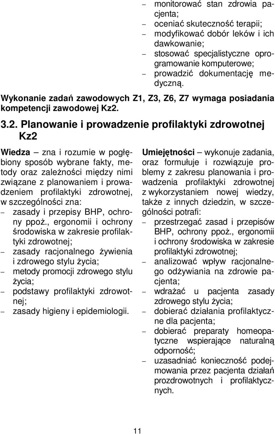 3.2. Planowanie i prowadzenie profilaktyki zdrowotnej Kz2 Wiedza zna i rozumie w pogłębiony sposób wybrane fakty, metody oraz zależności między nimi związane z planowaniem i prowadzeniem profilaktyki