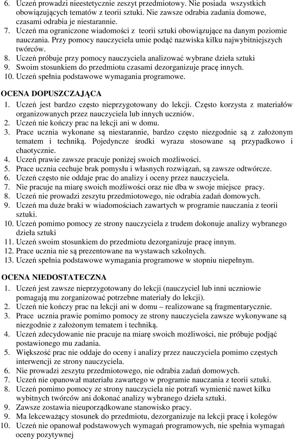 Uczeń próbuje przy pomocy nauczyciela analizować wybrane dzieła sztuki 9. Swoim stosunkiem do przedmiotu czasami dezorganizuje pracę innych. 10. Uczeń spełnia podstawowe wymagania programowe.