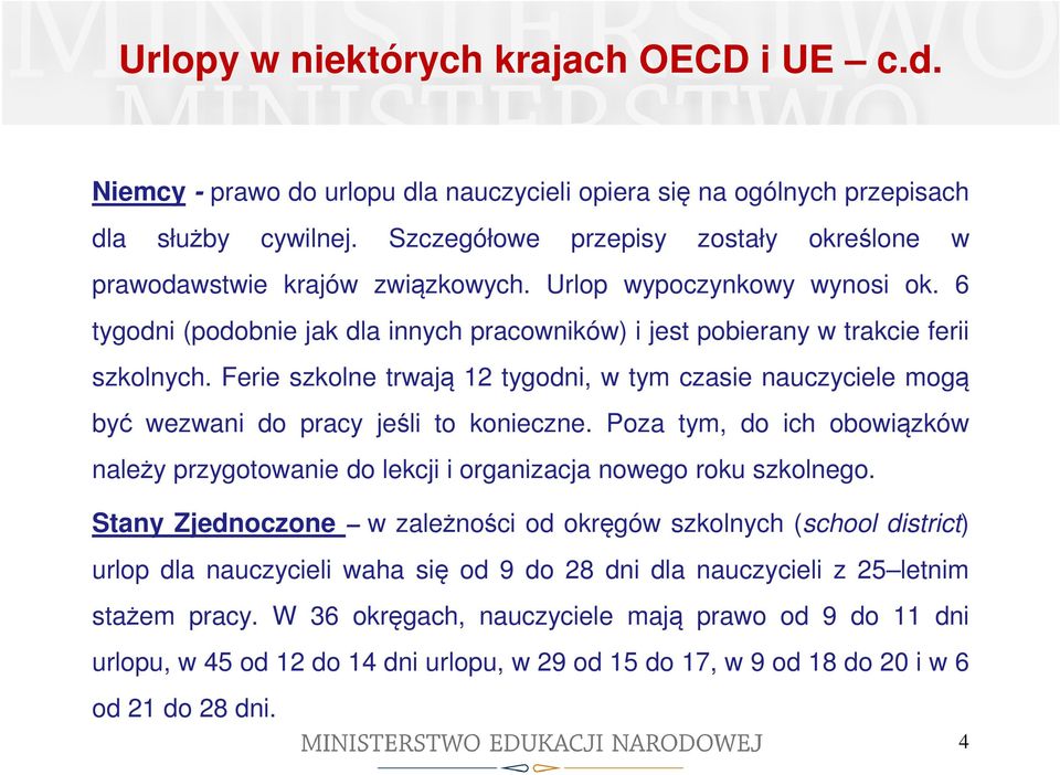 Ferie szkolne trwają 12 tygodni, w tym czasie nauczyciele mogą być wezwani do pracy jeśli to konieczne. Poza tym, do ich obowiązków należy przygotowanie do lekcji i organizacja nowego roku szkolnego.