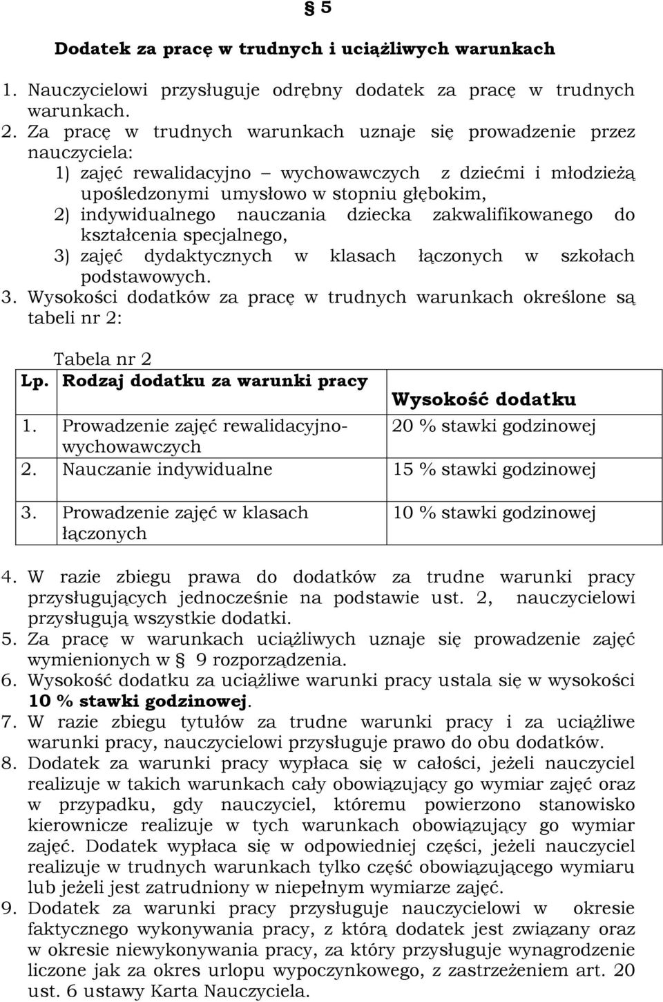 nauczania dziecka zakwalifikowanego do kształcenia specjalnego, 3) zajęć dydaktycznych w klasach łączonych w szkołach podstawowych. 3. Wysokości dodatków za pracę w trudnych warunkach określone są tabeli nr 2: Tabela nr 2 Lp.